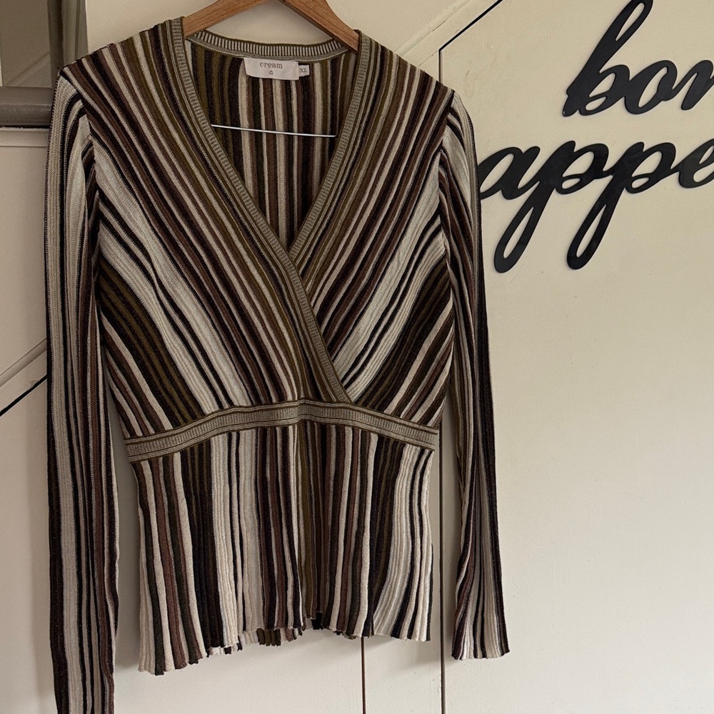 NWOT Metallic Stripe Rib knit faux wrap top with waist detailing NEUTRALS US XL